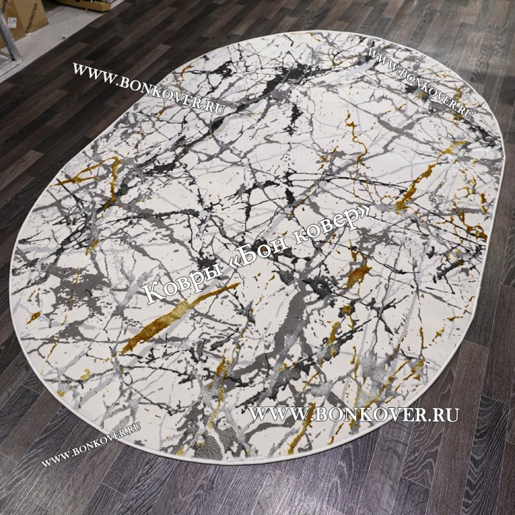 Турецкий Овальный Ковер Белый с Золотистым дизайн 05